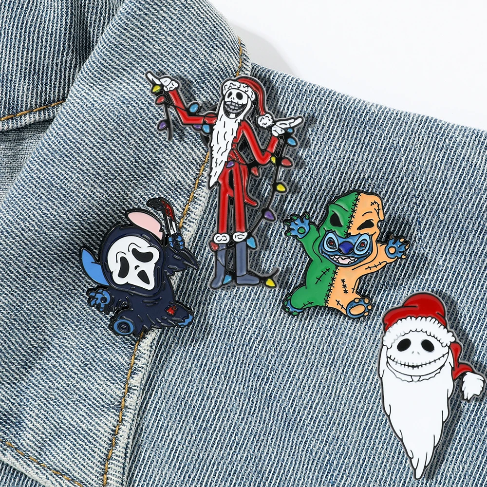 Nightmare Before Christmas Pin Santa Claus Stitch Brooch Cartoon Ghost Badge For Bags Jeans Scarf Lapel Pin Jewelry Best Gift