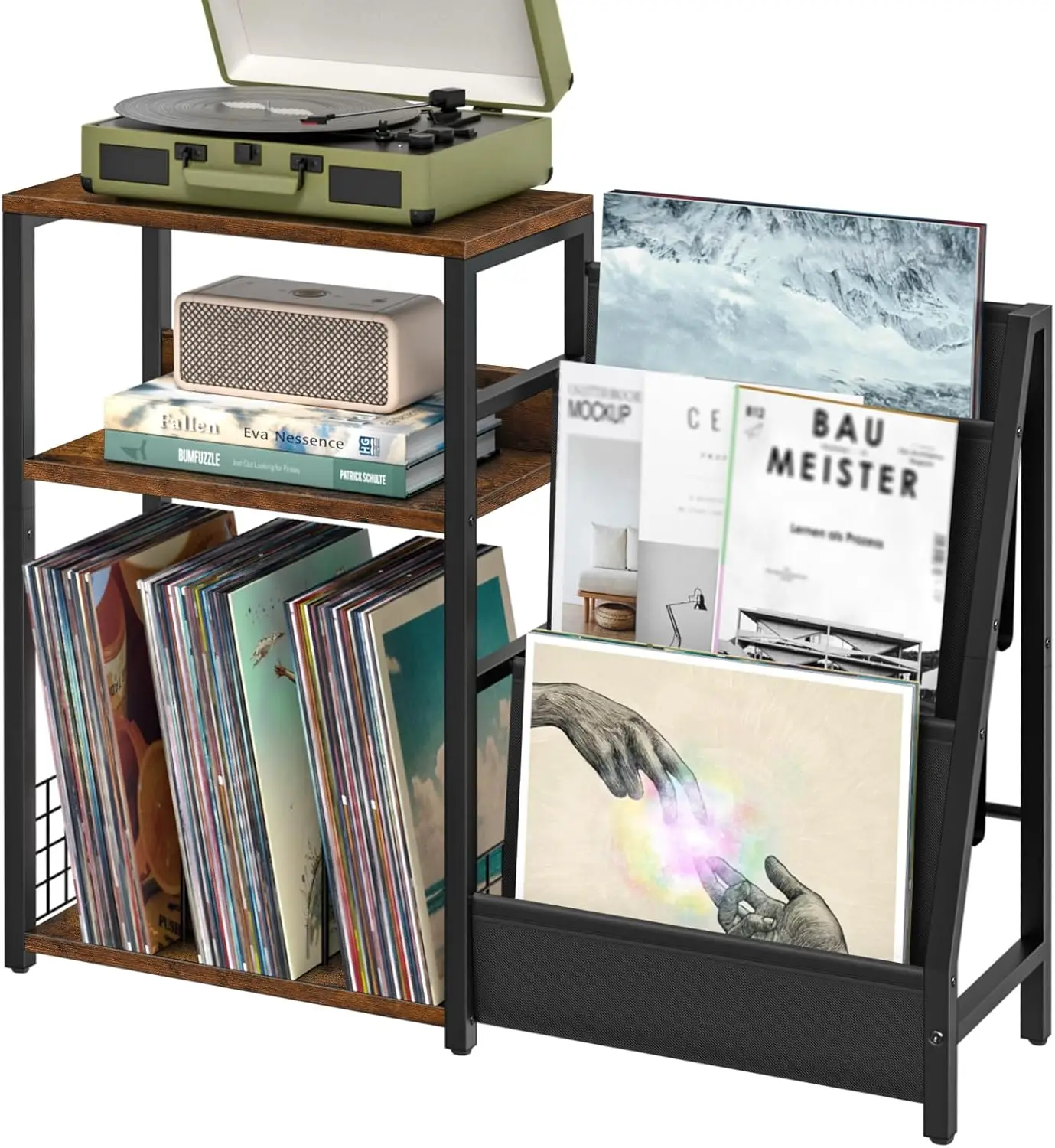 

3-Tier Turntable Stand with Vinyl Storage, Holds Up to 150 Albums, Brown End Table for Living Room