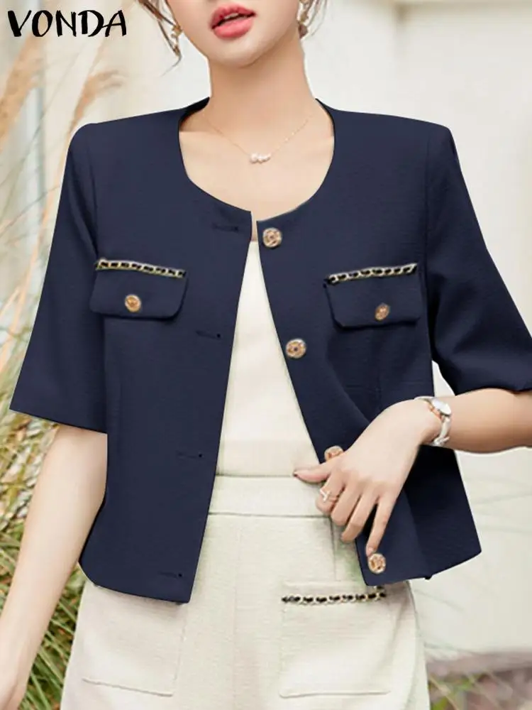 VONDA 2024 Fashion Women Blazer Short Sleeve Tunic Tops Elegant Office Shirts Solid Color Buttons Casual Loose Coats Oversized