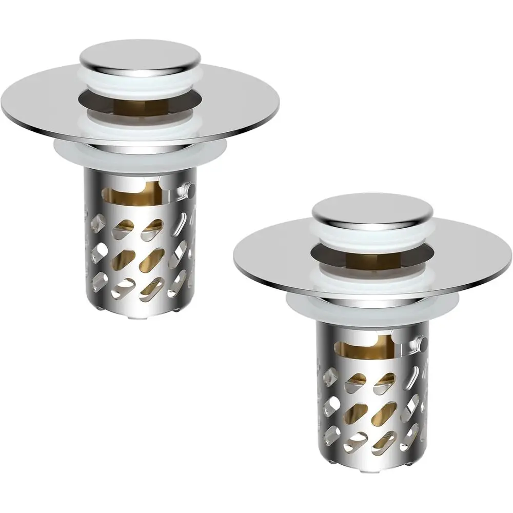 2 Pack All Metal Bathroom Sink Stopper, Up Sink Drain Strainer with Removable Stainless Steel Filter Basket, Universal Fit 1.1-2