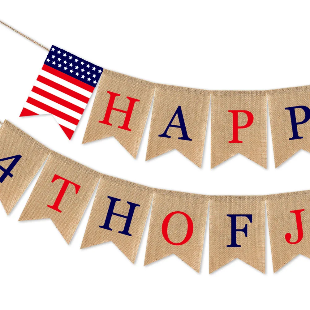 America Independence Day Banner Burlap Swallowtail Pull Flag Happy 4Th of July Decoration Party Photo Prop Backdrop Wall Mantel