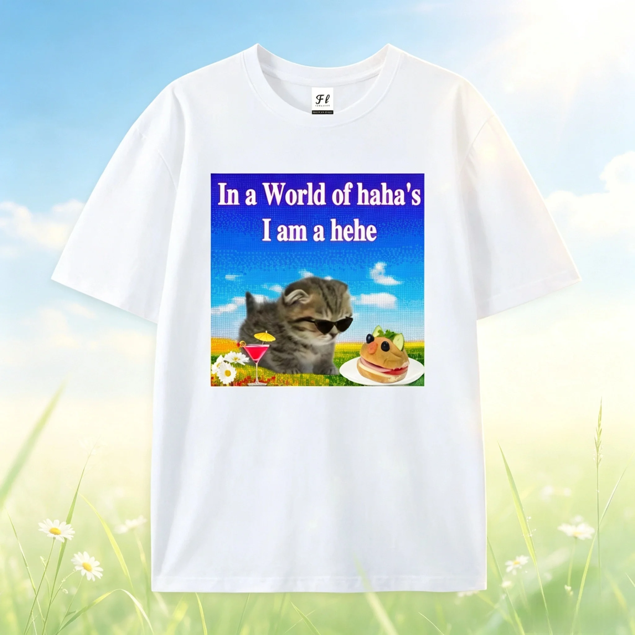 Funny Cat Meme Y2K Graphic T‑Shirt Unisex In A World Of Haha's I Am A Hehe Print Casual Short Sleeve Tee