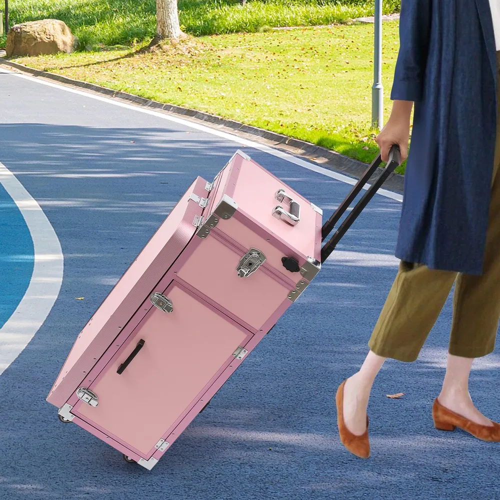 

Modern Nail Desk Mobile Station Rolling Makeup Train Case Manicure Table Pink