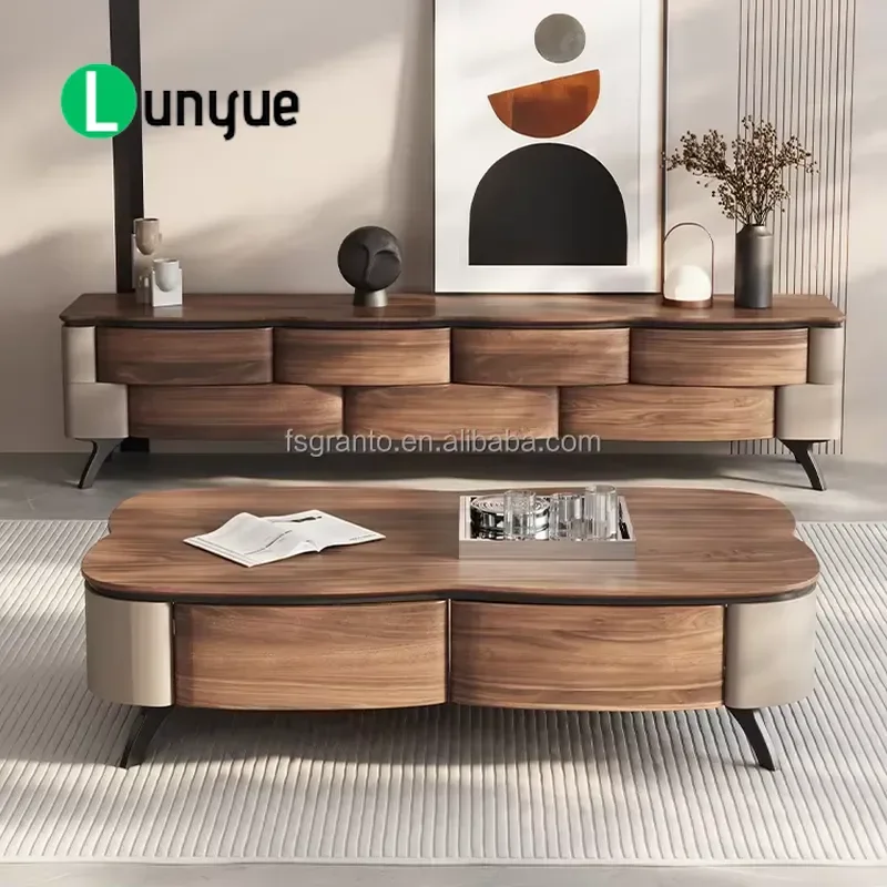 Classical Solid Wood Center Table Modern Coffee Table and TV Cabinet Set Living Room Furniture Wood Color Home Decor