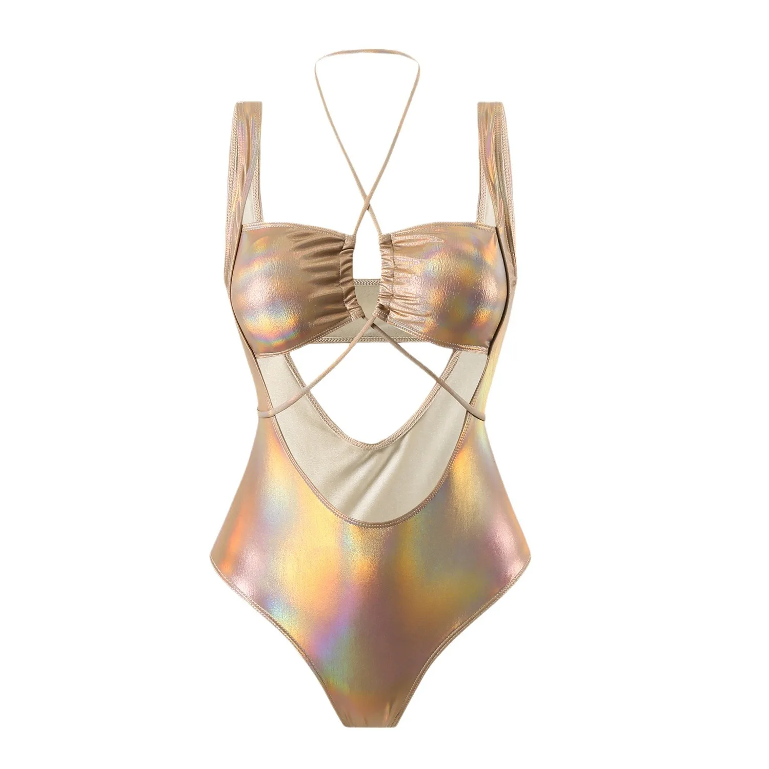 ใหม่เงา PU หนัง Faux Tummy ตัดผู้หญิงชุดว่ายน้ํา One Piece ชุดว่ายน้ําหญิง Halter Monokini Bather ชุดว่ายน้ําว่ายน้ํา