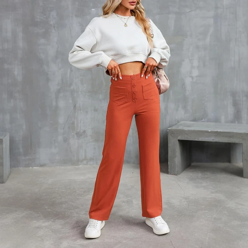 بنطلون نسائي كاجوال عالي الخصر مستقيم الساق من Faion مع أزرار خصر مرنة بتفاصيل ألياف البوليستر #3