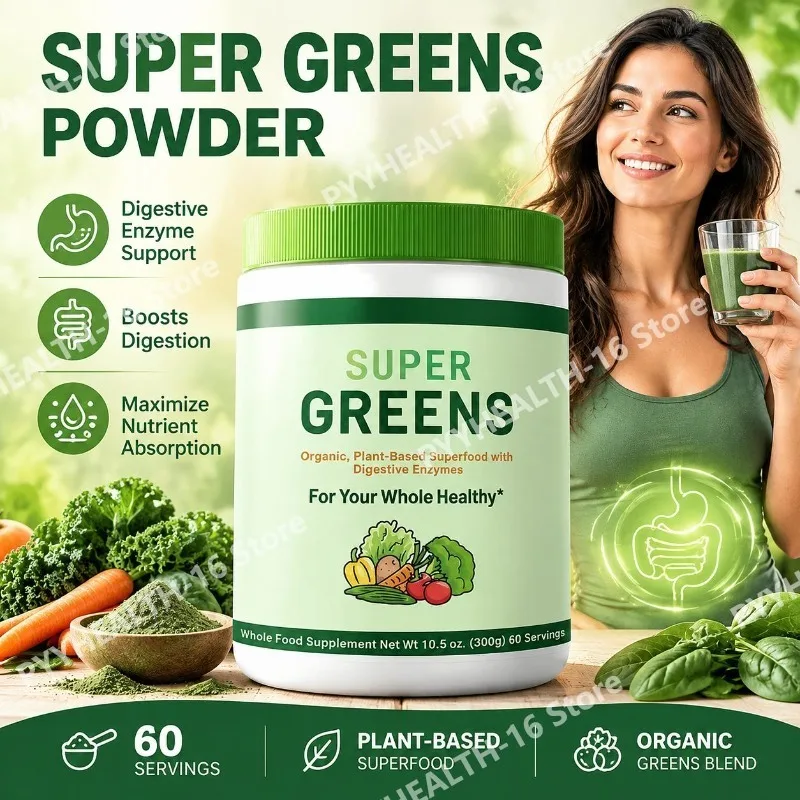 Super Greens Powder for Bloating & Digestive Comfort,Organic Spirulina Chlorella, Prebiotic Probiotic Enzymes,300g 60 Servings