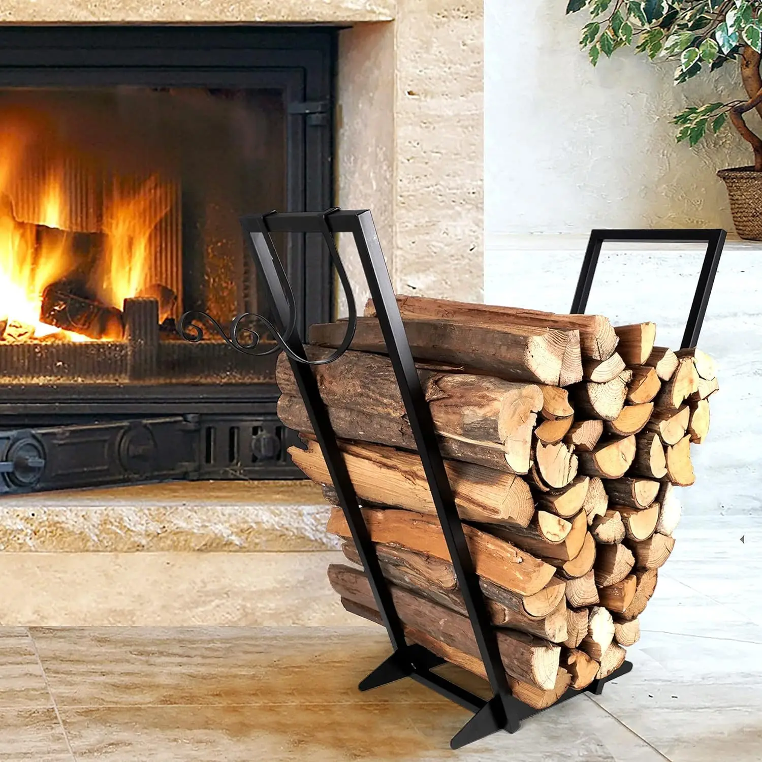 

V-shaped, wrought iron, with hook, firewood rack, removable, log, storage, storage