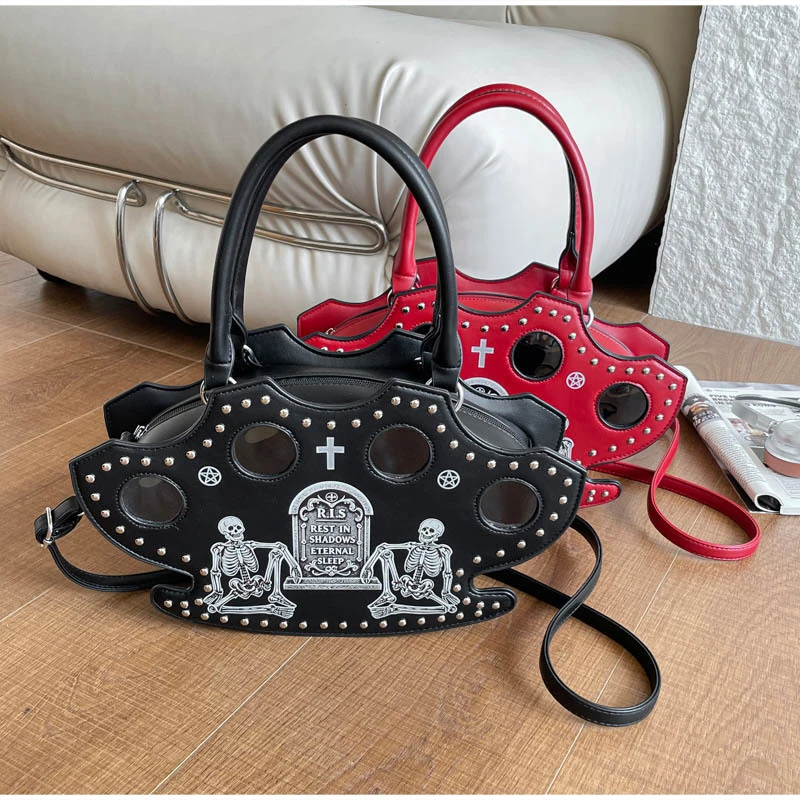 Modische Halloween-Totenkopf-Gothic-Handtasche, Persönliche Vintage-Damen-Tragetasche, Schultertasche, Umhängetasche, Street-Style, Punk-Nieten – Detail 5