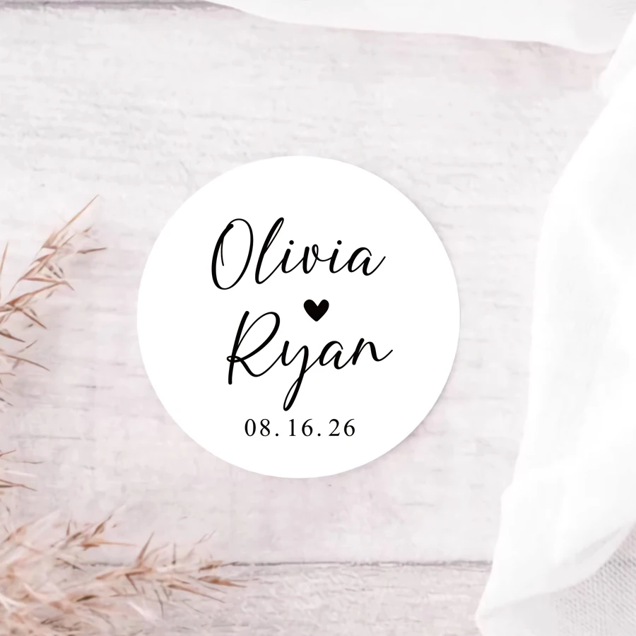 

50PCS Personalized Wedding Sticker Label, Custom Name Stickers, White Round Stickers with Black Text, Gift Label Sticker