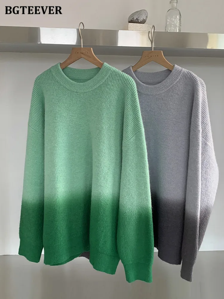 BGTEEVER Stylish Gradient Sweaters Women Autumn Winter O-neck Long Sleeve Loose Female Pullovers Jumpers