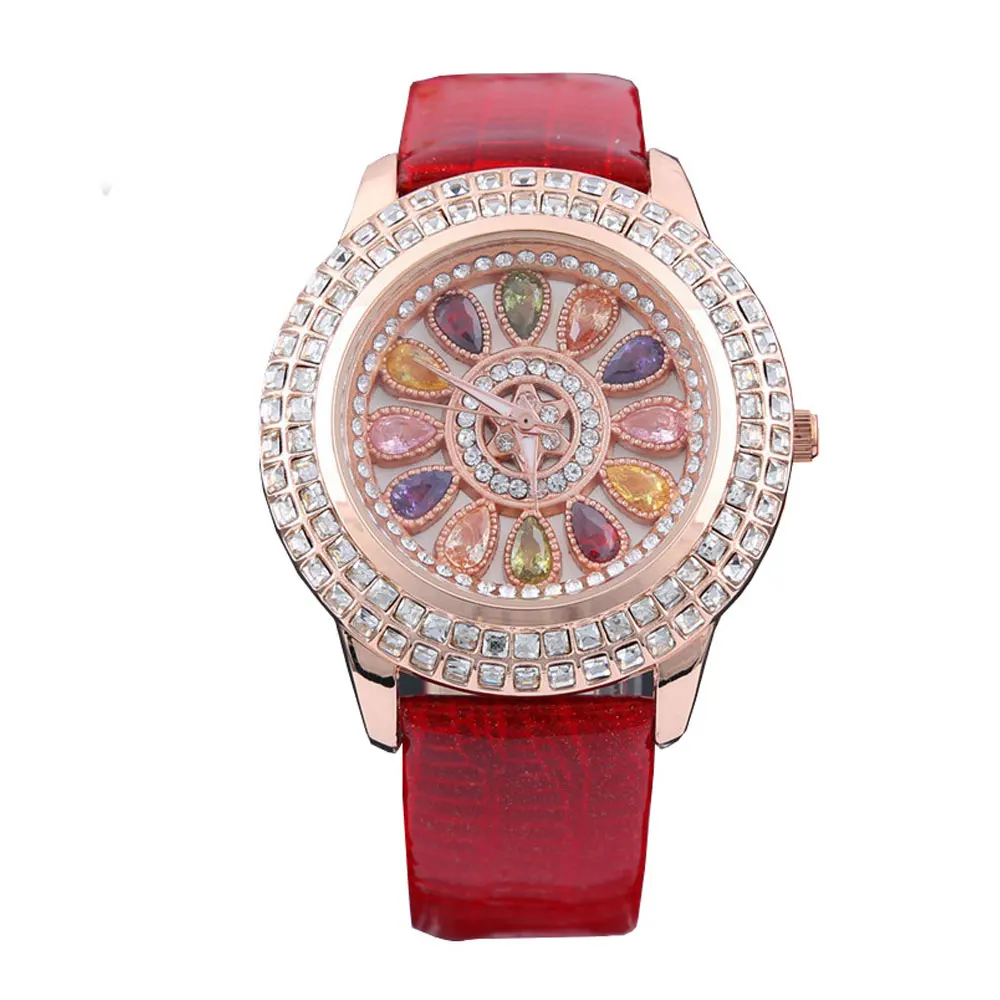 Korean Ladies Watch Colorful Rhinestones Dashi Dial Quartz Watch Casual Leather Ladies Clock Gift Relogio Feminino