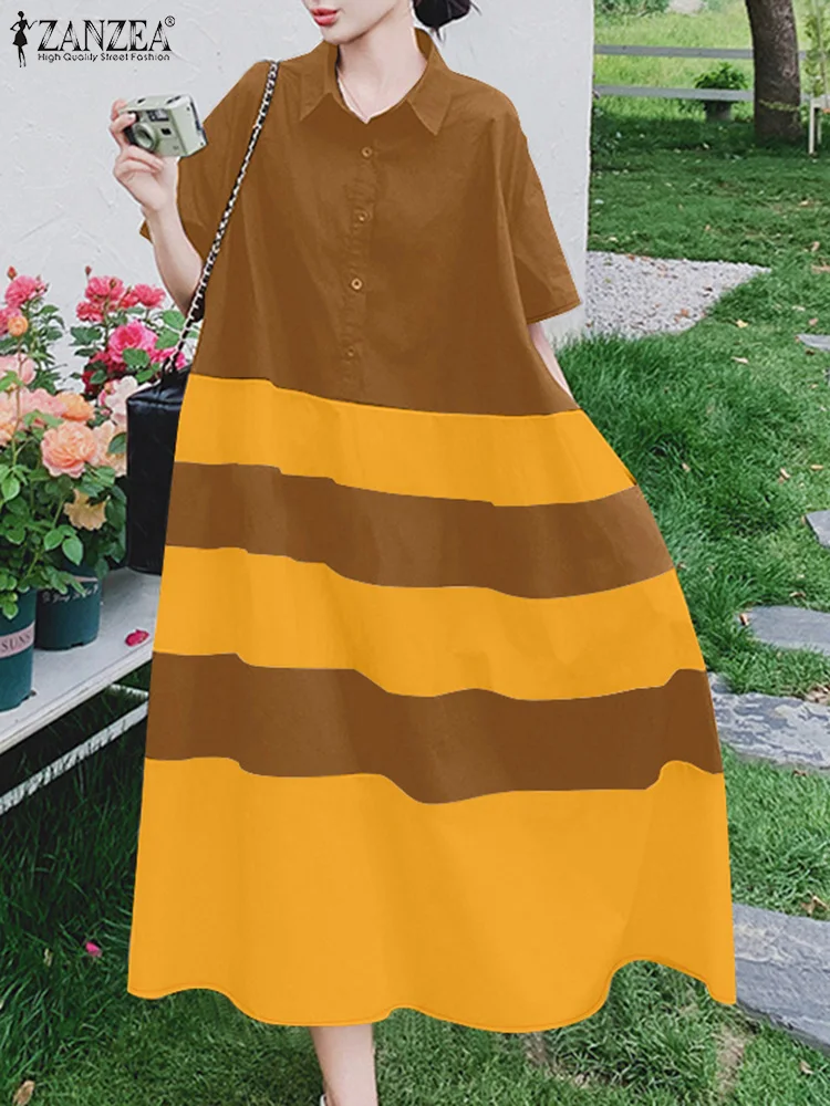 ZANZEA Fashion Summer Sundress Women Lapel Neck Short Sleeve Striped Dress Robe Femme Vintage Loose Casual Shirtdress Vestido