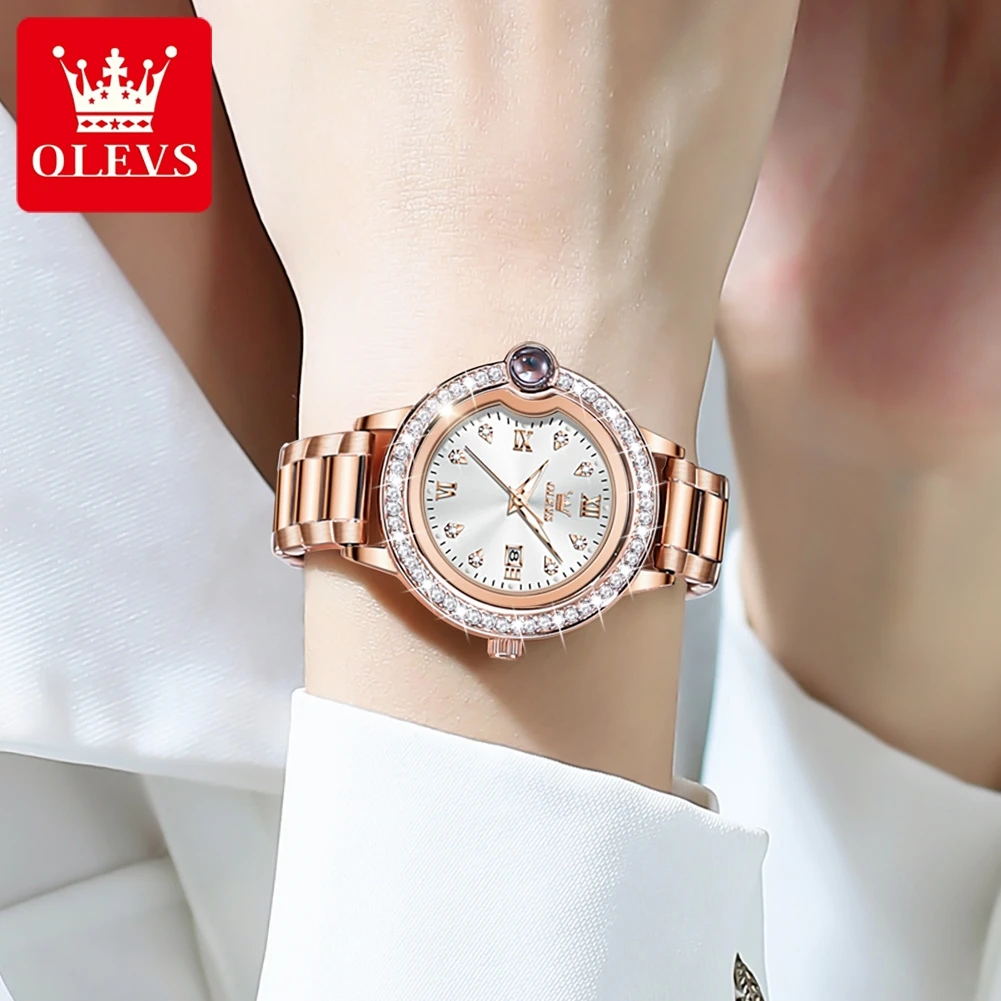 OLEVS Quartz Watch for Women Luxury Elegant Diamond Wristwatch Stainless steel Waterproof Bracelet Watch Set Gift 2024 Trend