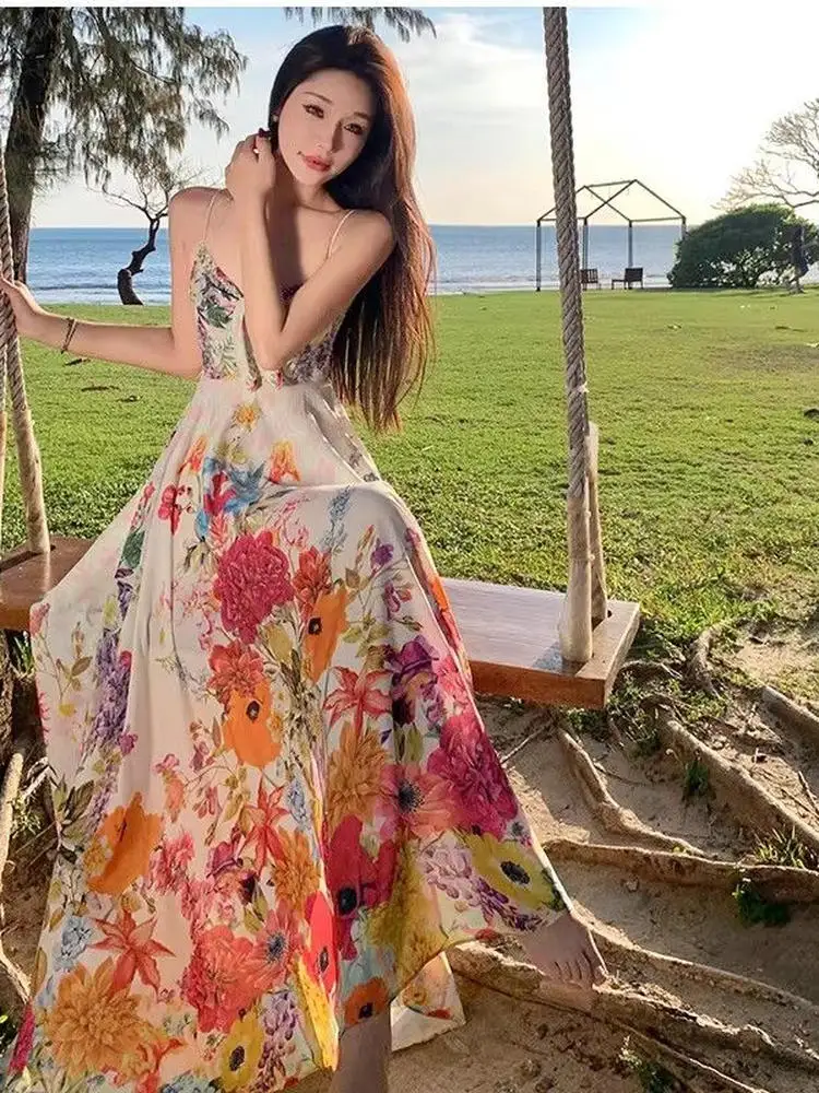 

Floral Print Halter High Waist Vacation Long Dress Women's Summer Floral V-neck A-line Skirt Bohemian Style Maxi Dress