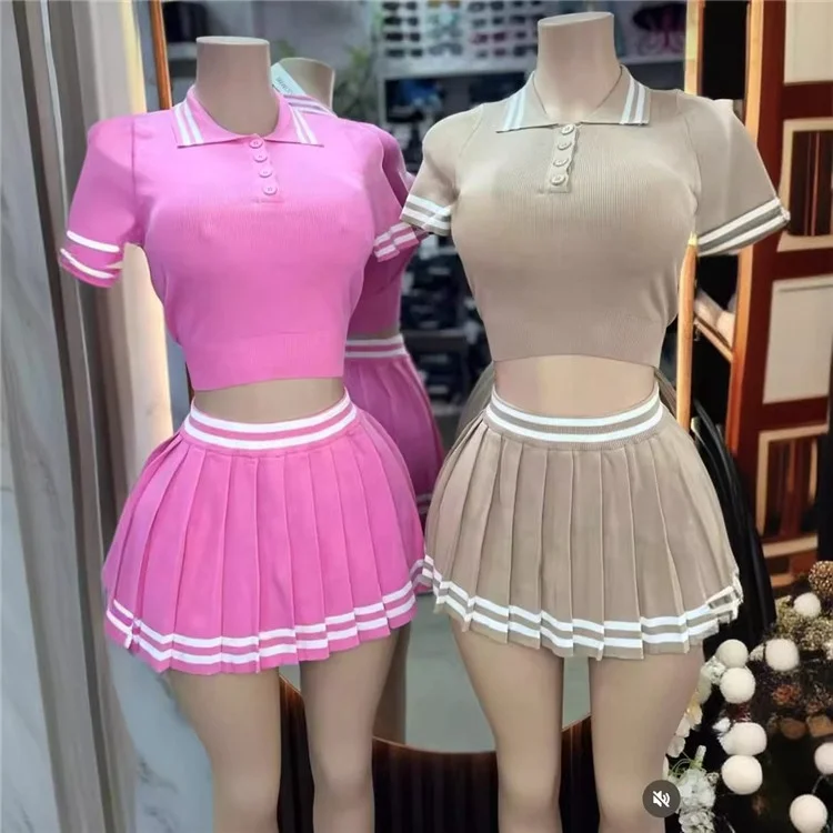 

Fashion Women Striped Pleated Skirts Set and Polo-collar T-shirt 2024 Summer Tennisball Two Piece Outfit