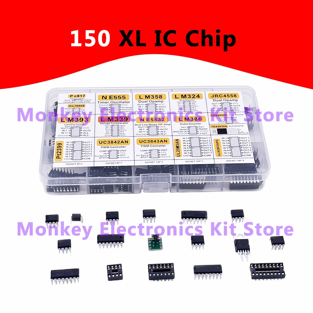 150pcs DIP Integrated Circuit Chip IC Boxed Chip Assortment Amplifier LM358 JRC4558 LM393 LM339 TDA2030A PT2 PC817 ICL7660 NE555