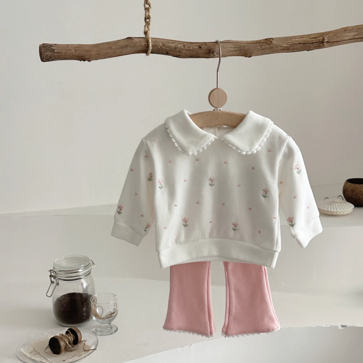 جديد الخريف الفتيات مجموعات الوردي الأزهار المطرزة أعلى + أسفل مجموعات أطفال 0-3 سنة الوليد بدلة طفل 2 قطعة ملابس طفل رضيع