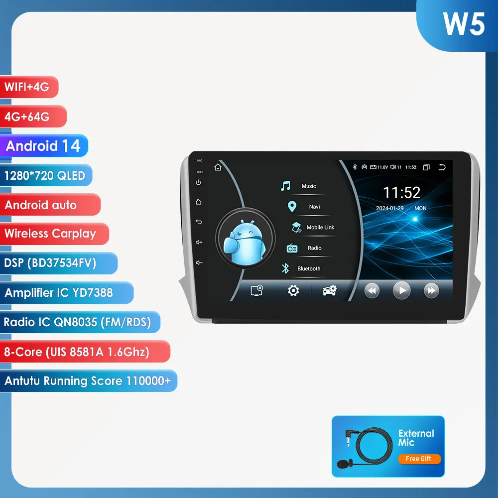 Hizpo Autoradio Carplay 4G 8581 AI Systemen Android Autoradio voor Peugeot 208 2008 Serie 2012-2018 multimedia Video Player Gps