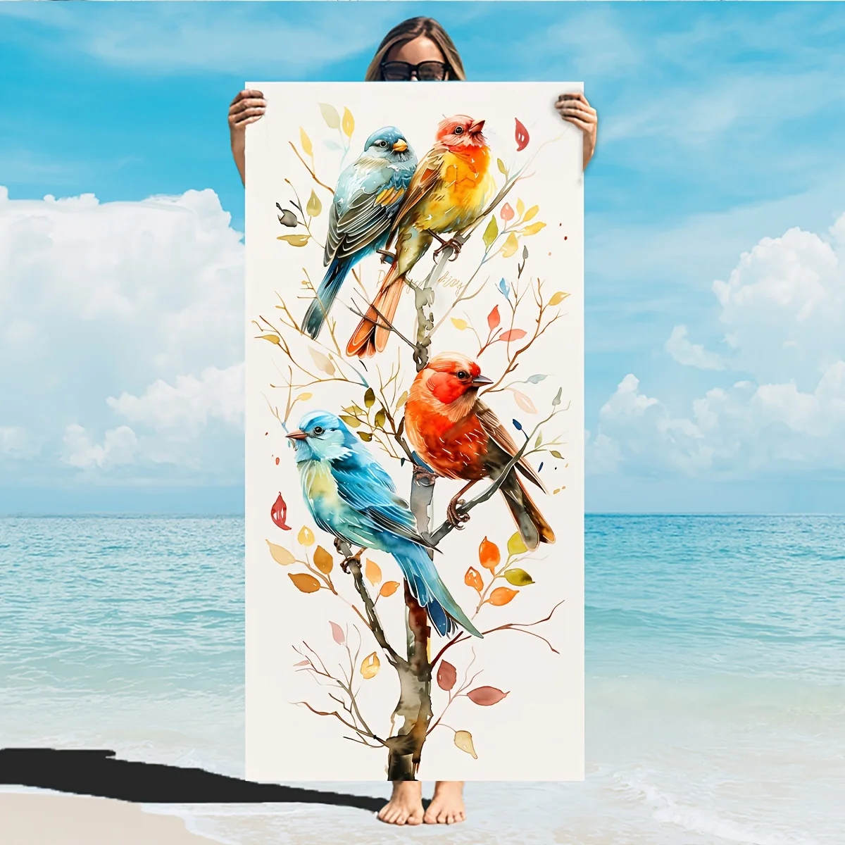 Watercolor A bird perches on a branch polyester microfiber beach towel is highly absorbent, suitable swimming and beach outings