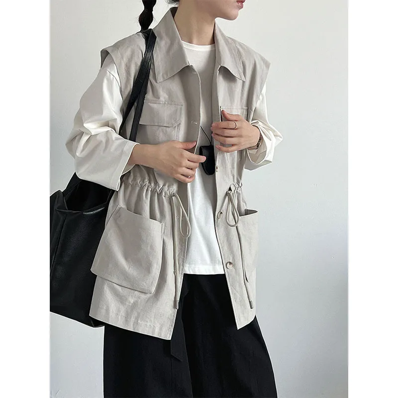 

Autumn clothing 2025 new casual drawstring pocket sleeveless vest top women
