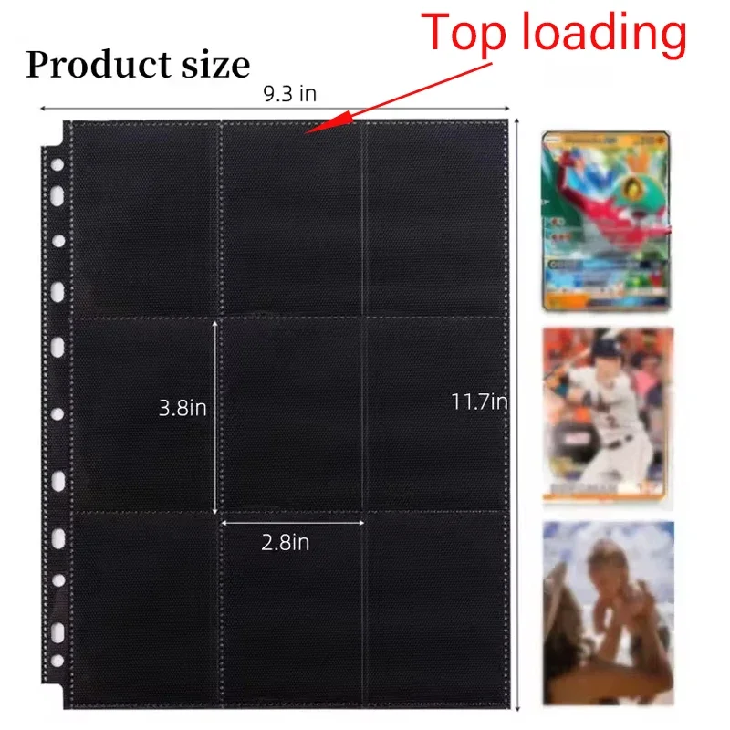 10PCS 11 Holes Double-Sided Card Sleeves Album Binder Sheets A4 Black 9 Pockets Pages Protector Cards Game Cards Binder