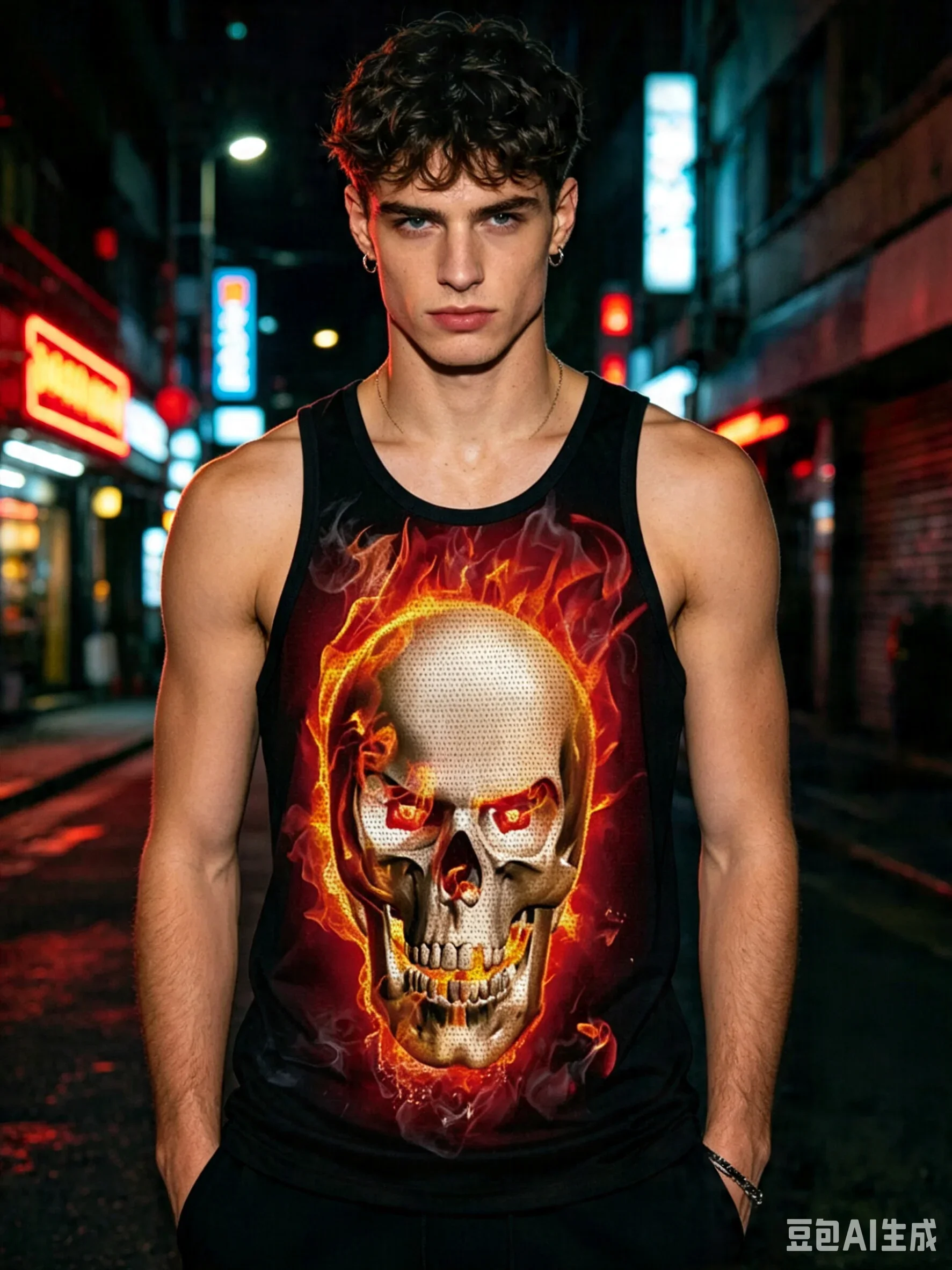 Men's Tank Top with 3D Skull & Flame Print, Hip-hop Street Style Sleeveless Vest for Home Leisure, Gym Sports and Beach Vacation