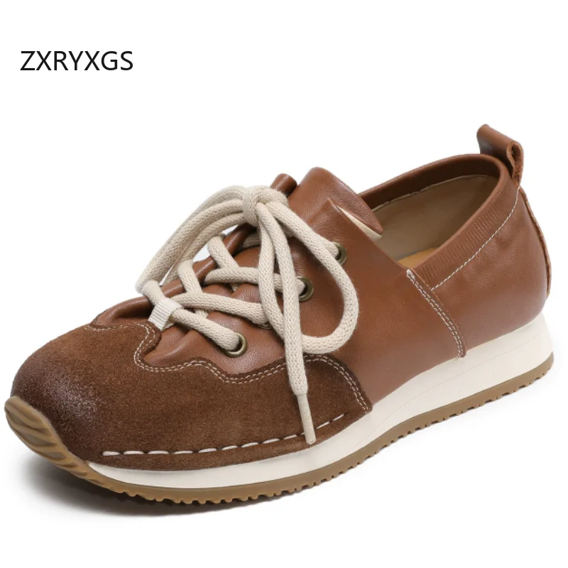 ZXRYXGS 2026 Spring New Popular Top Cowhide Spell Colors Splicing Women Trend Sneakers Flat Non-slip Real Leather Sneakers Tide