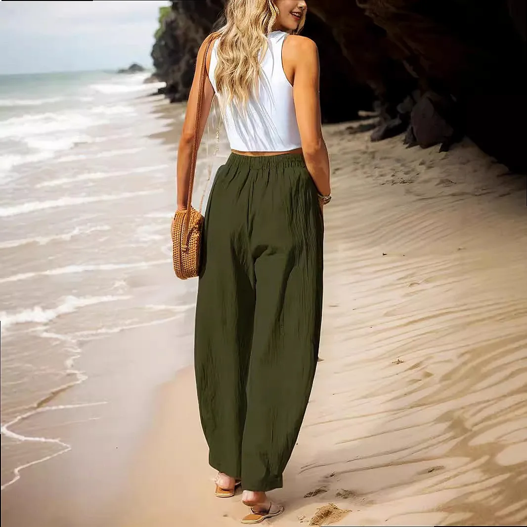 Women's Linen Pants Straight Leg Elastic Waist Capri Summer Casual Trousers Linen Pants