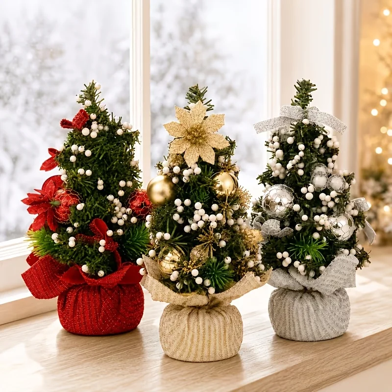3pcs Christmas Tree Desktop Ornaments, Mini Faux Pine Needle Christmas Trees with White Berries, No Installation Required, Decor
