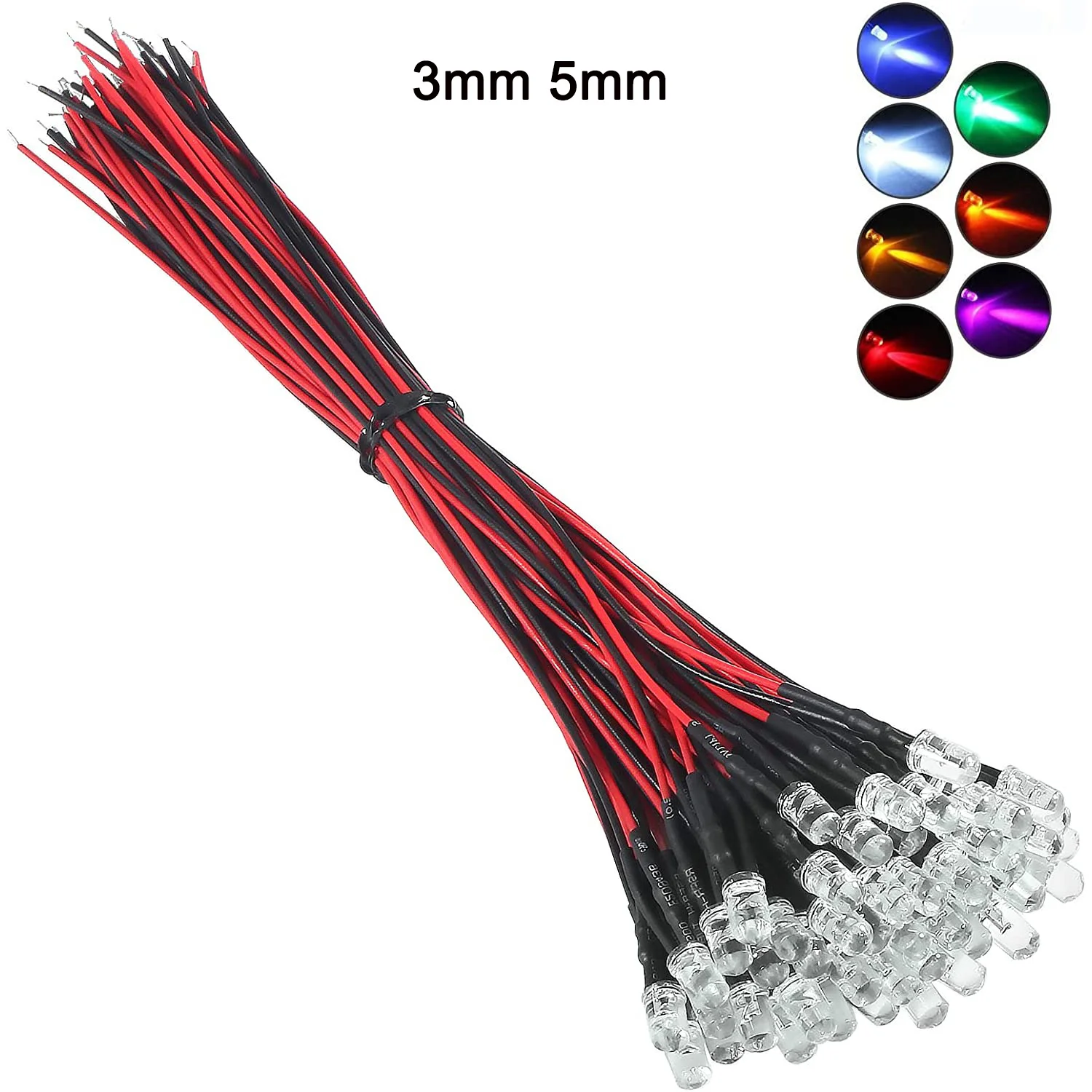 20PCS 3mm 5mm Pre Wired LED Round Light Lamp Bulb Chip Beads Cable DC 12V 20cm Decoration Light Emitting Diodes