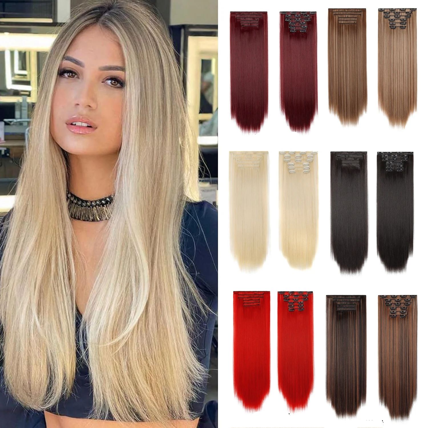 Jeedou 24Inch Straight Clip In Hair Extensions 6Pcs/set Full Head Synthetic Matte Long Straight Hair Pieces For Women