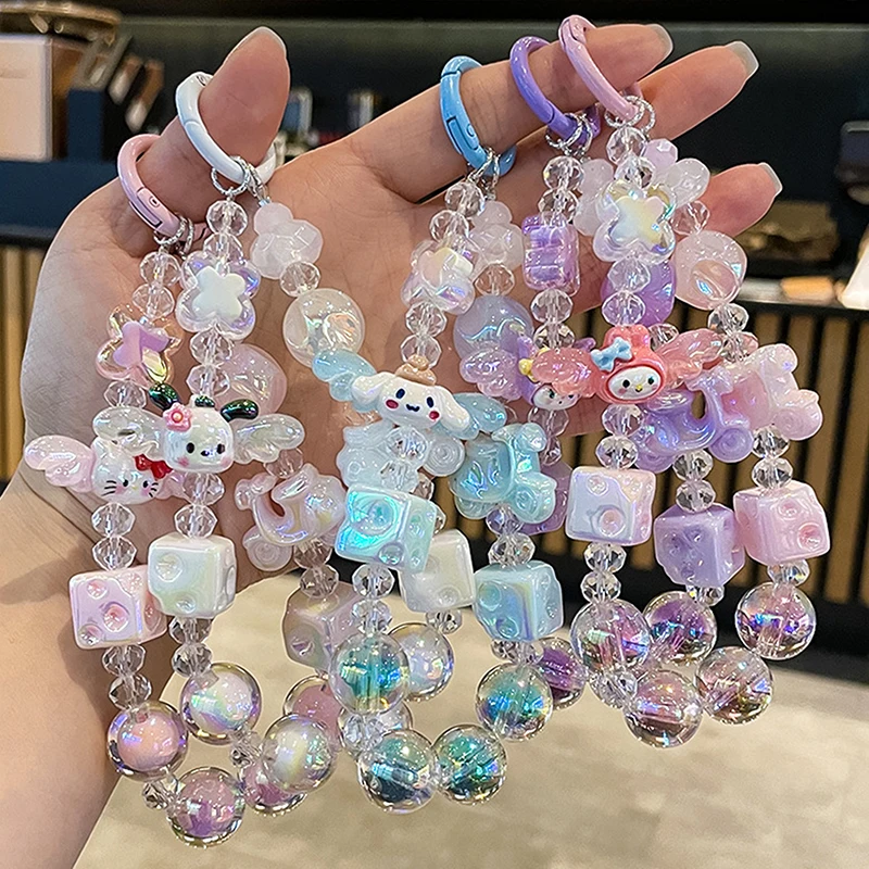 Sanrio Kuromi Melody Cinnamoroll cordón para teléfono, cadena para teléfono con cuentas bonitas, llavero colgante para bolsa, accesorios para llaves de coche