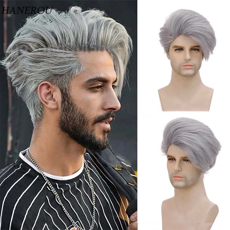 Synthetic Man\'s Short Wig Trendy Silver Gray Wig with Bangs Natural Soft Breathable Layered Wig for Male Daily Cosplay