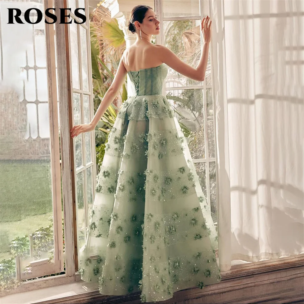 ROSES Light Green Prom Dress with 3D Floral and Sequin Formal Gown Off Shoulder Night Dresses Tulle Evening Dresses Customized