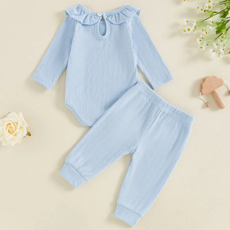 Newborn Baby Girl Pant Sets 2Pcs Fall Clothes Long Sleeve Ruffle Collar Bodysuit and Pants Set Infant Baby Clothing