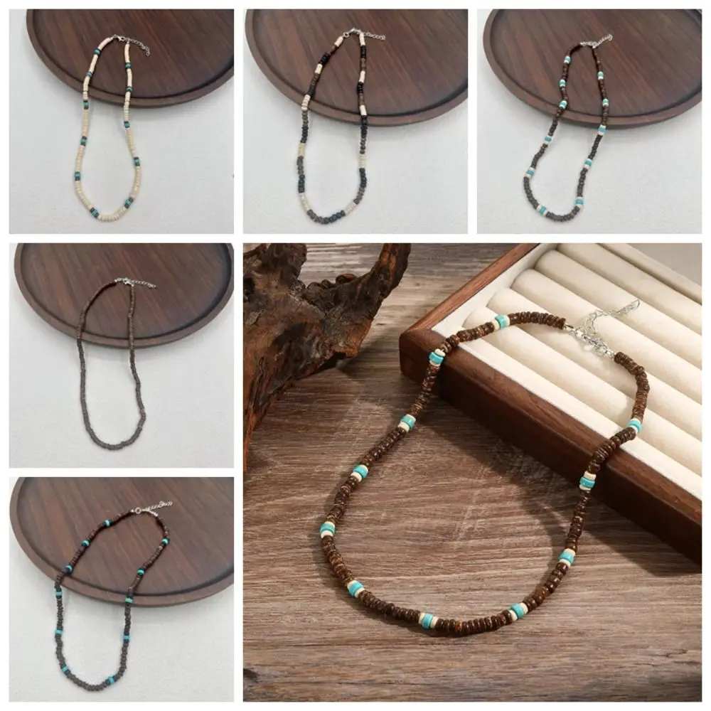 Boho Coconut Shell Necklace Sweater Chain Ethnic Style Turquoises Beaded Necklace Clavicle Chain Jewelry Accessories