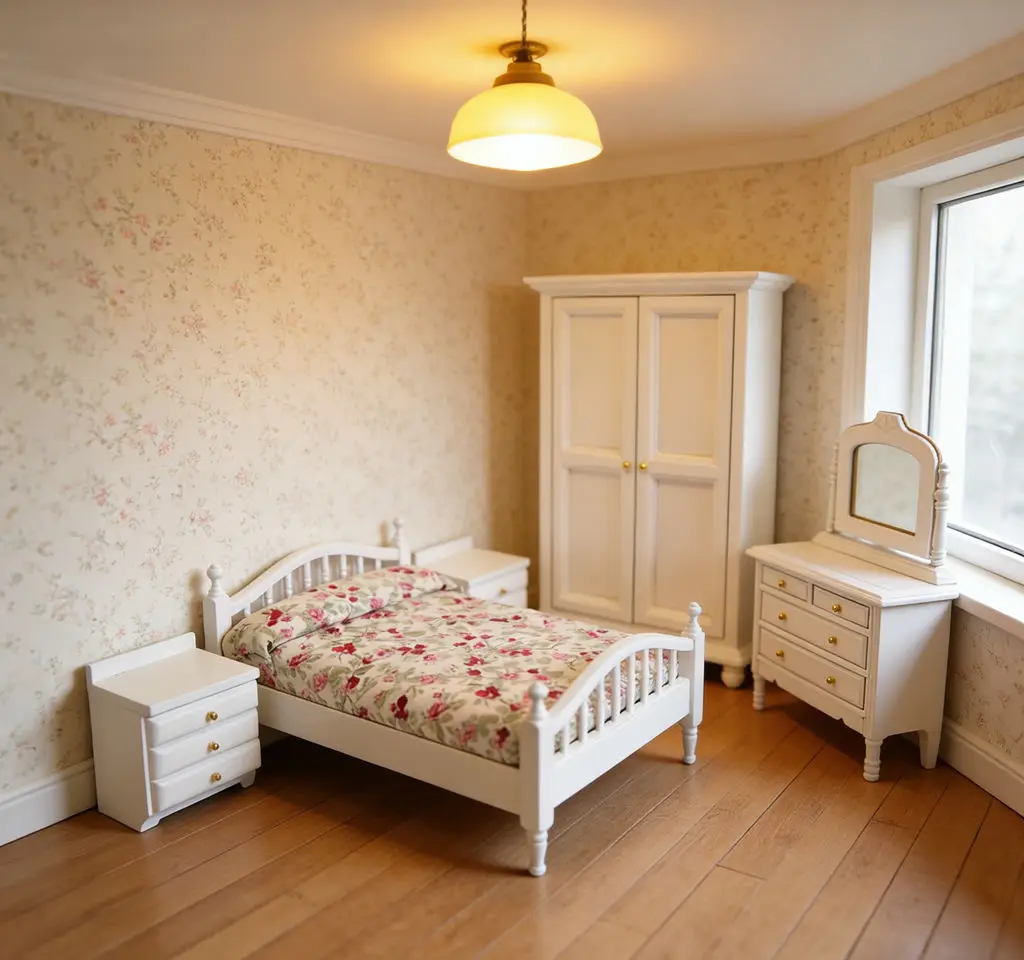 

1:12 Scale Dollhouse Miniature Furniture Set-Bed, Nightstand, Wardrobe & Vanity, DIY Micro Scene Decor Accessories for Dollhouse