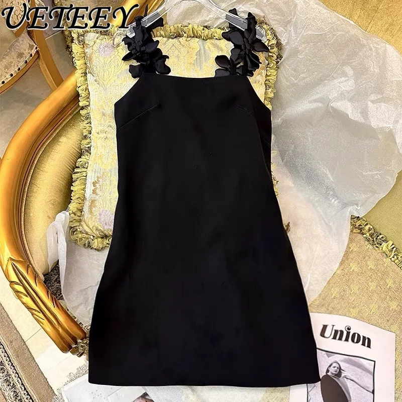 

Summer New Black Slimming Slip Party Sleeveless Dress Three-Dimensional Flower Stitching Design Girl Exquisite Short Dresses