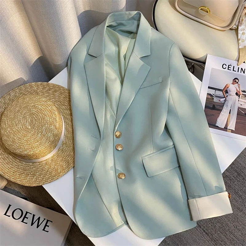 

Blue Women's Suit Jacket Korean Style Fashionable Design Spring Collection Polyester Fabric Regular Thickness