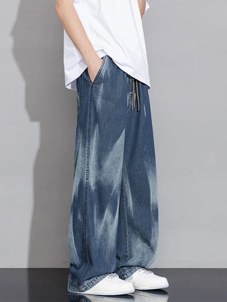 Men's Summer Straight Jeans Irregular Gradient Tie-dye Washed Cotton Denim Pants Wide Leg Y2K Baggy Jeans Trousers Big Size 8XL