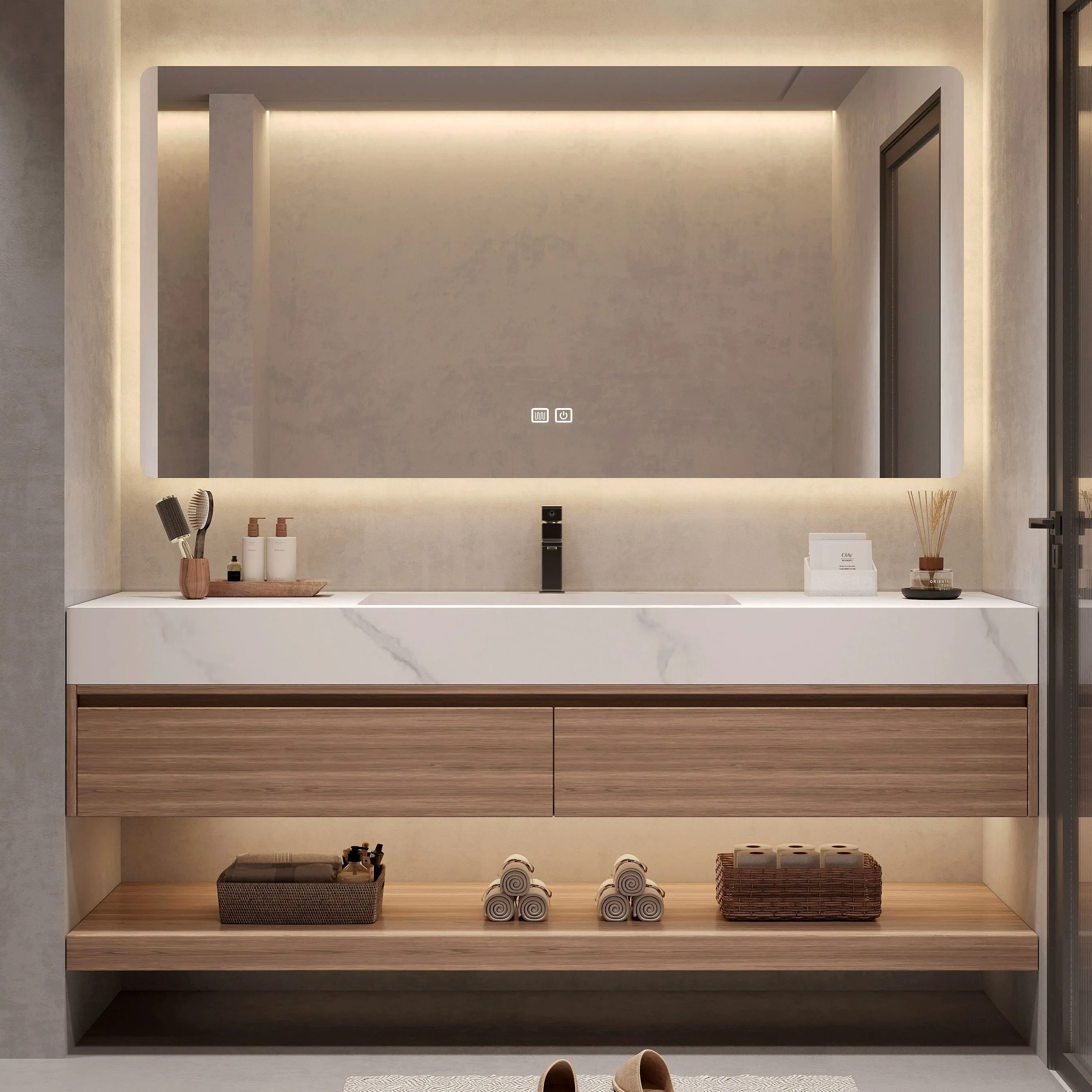 

The combination of bathroom cabinets with seamless integrated basin made of slate ceramics is minimalist.