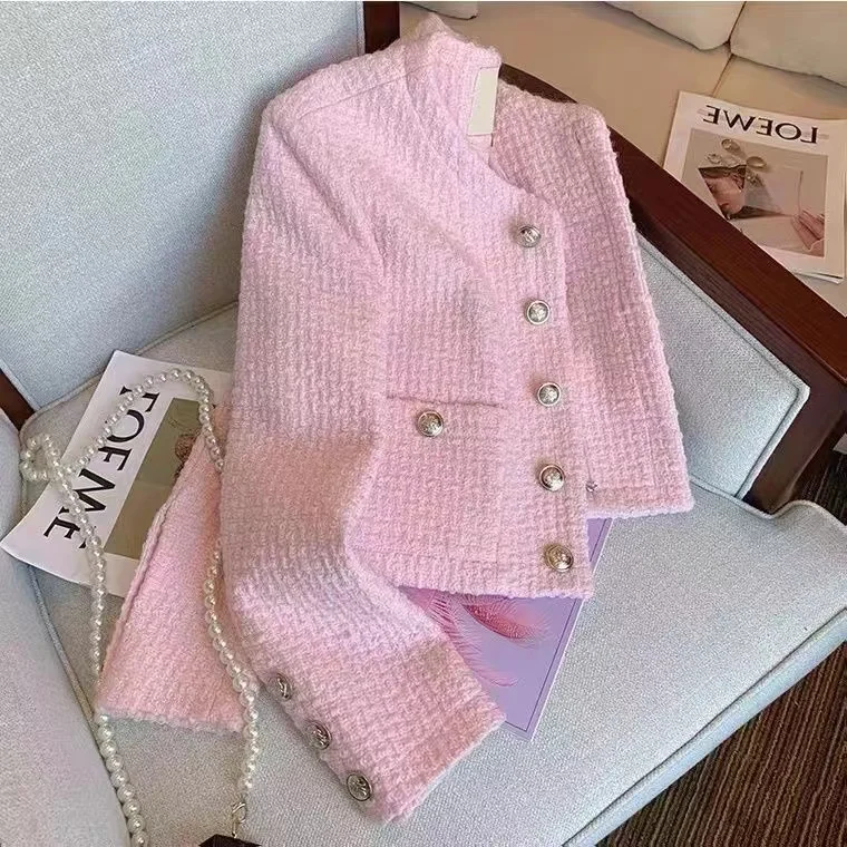 Women Tweed Fragrant Pink Jacke Long Sleeve Single-breasted Winter Autumn Y2K Coat Female Elegant Crop Top Korean 2023 Clothing