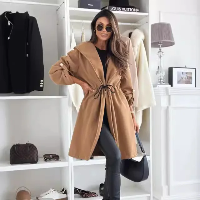 Classy Long Trench Coat Turn Down Collar Drawstring Waist Open Front Pockets Solid Color Warm Winter Outerwear Lady Overcoat