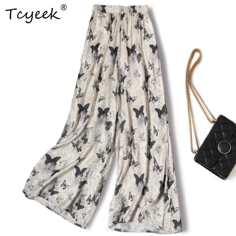 

Tcyeek 100% Mulberry Silk Summer Thin Wide Pants Retro Butterfly Print Loose Long Women' S Pants Брюки Женские Летние 여름바지 여성