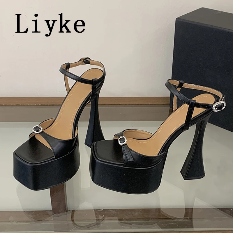 Liyke New Fashion Crystal Buckle Ankle Strap Platform Sandals Women Square Head White High Heels Wedding Banquet Shoes Size 40 image 2