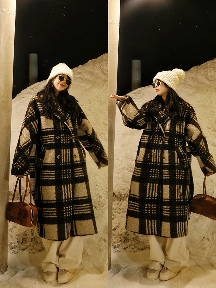 เสื้อโค้ทกันหนาวสำหรับผู้หญิง แขนยาว ความยาวครึ่งน่อง ผ้าขนแกะเทียม ลายสก็อต อุ่น หนา แฟชั่น กระดุมสองแถว