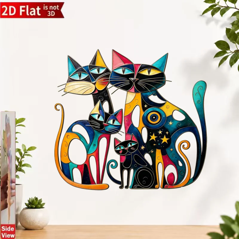 1pc 2D Flat Painted Cat Family Metal Wall Decor, Abstract Retro Indoor Outdoor Hanging Art, Housewarming Gift for Cat