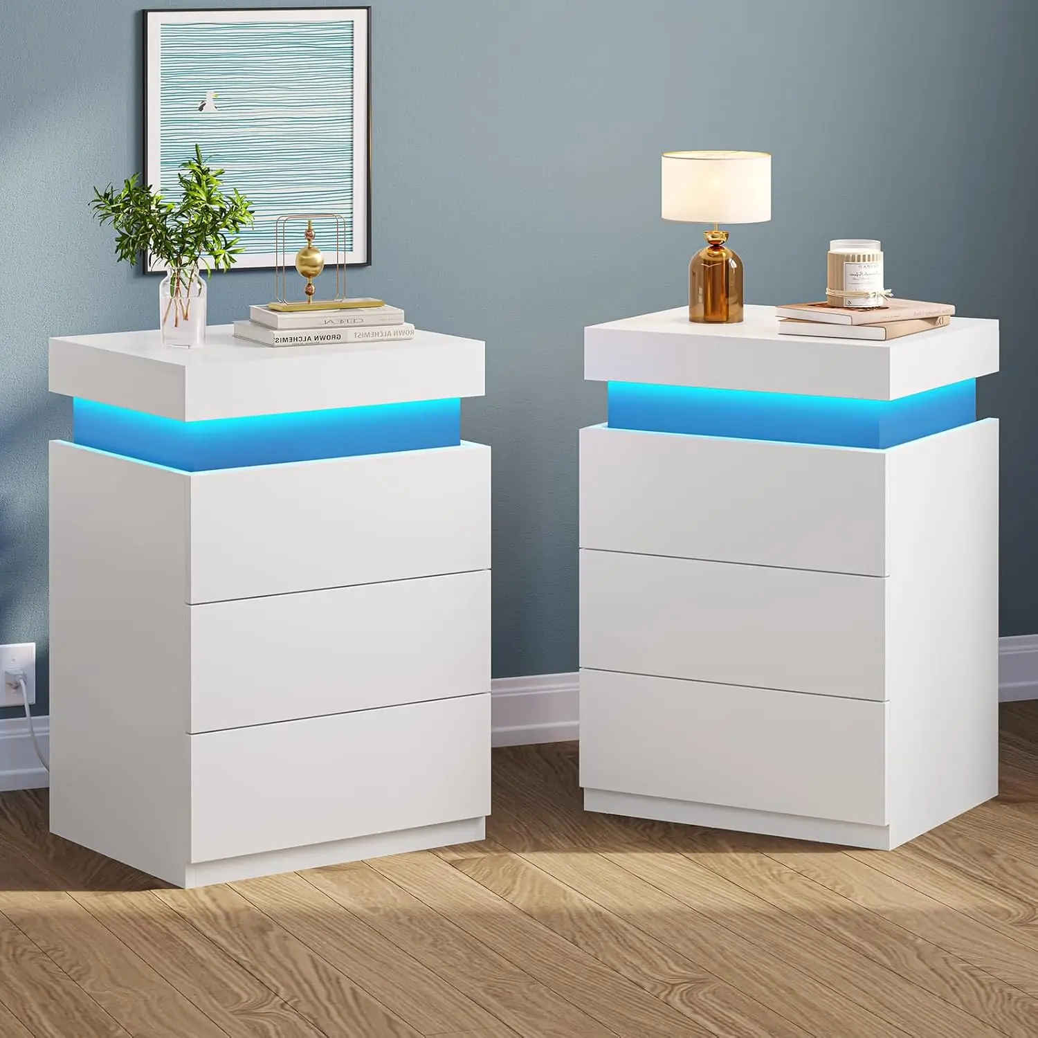 Juego de 2 mesitas de noche LED, mesitas de noche para dormitorios, juego de 2, mesita de noche con estación de carga y tapa corredera, mesita de noche con