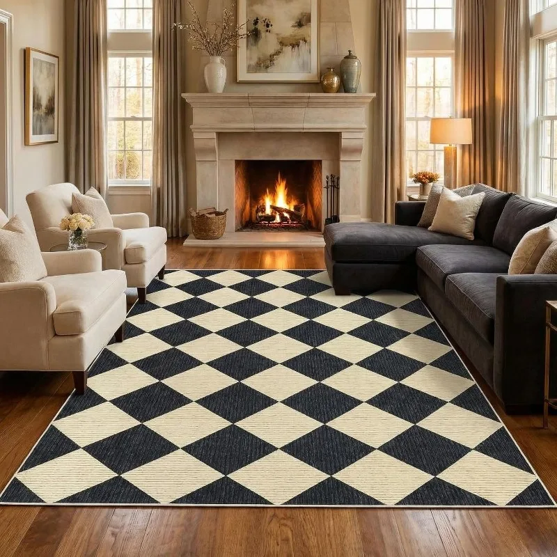 Vintage Diamond Check Area Rug Mid-century American Large Carpet for Living Room Non-Slip Machine Washable Bedroom Floor Mat